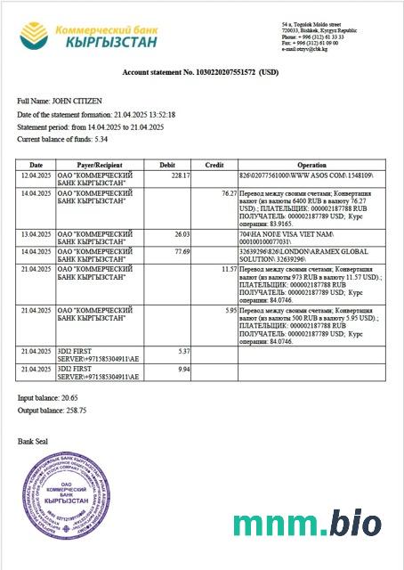 Kirgistan Optima wzór wyciągu bankowego w formacie Word i PDF